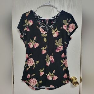 Floral Black Top with Pink Roses